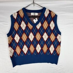 Cider Argyle Sweater Vest Blue Tan White V-Neck Knit Preppy Academic Large